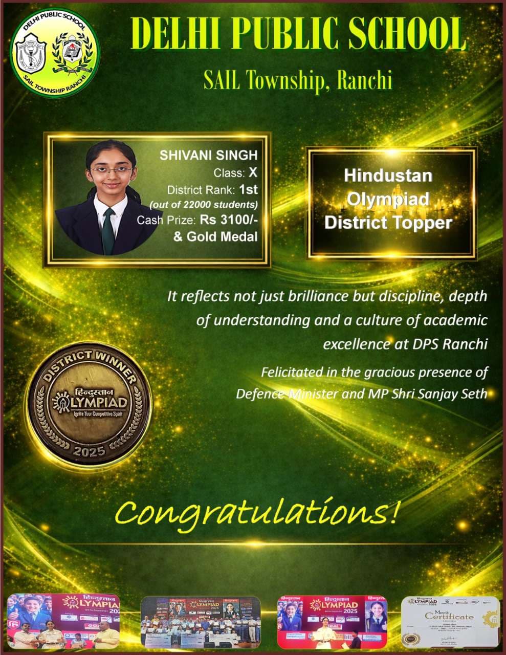 Shivani Singh of DPS Ranchi Secures District Rank 1 in Hindustan Olympiad
