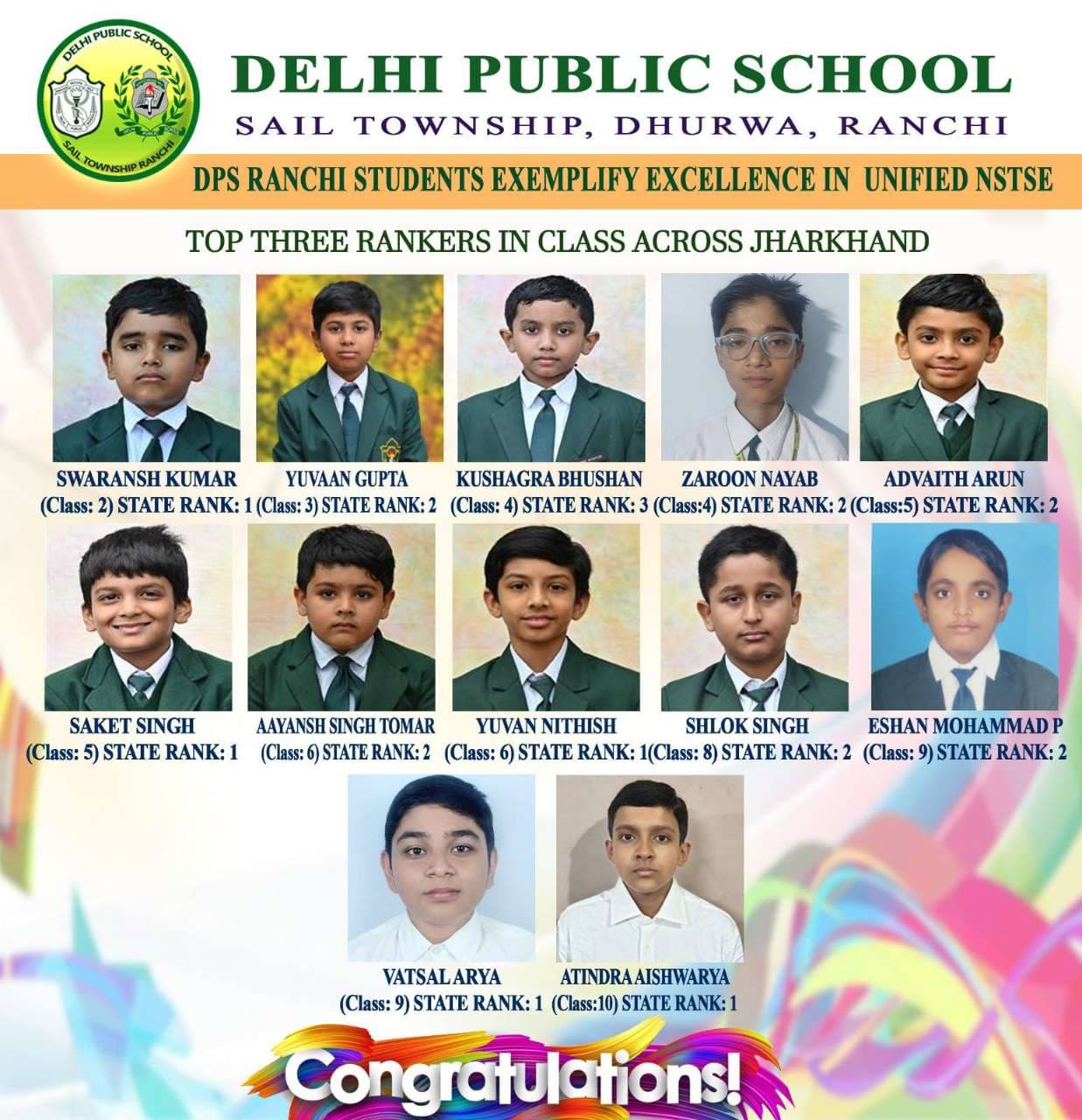 DPS Ranchi Students Excel in Unified NSTSE; Emerge as Top Three Rankers Across Jharkhand