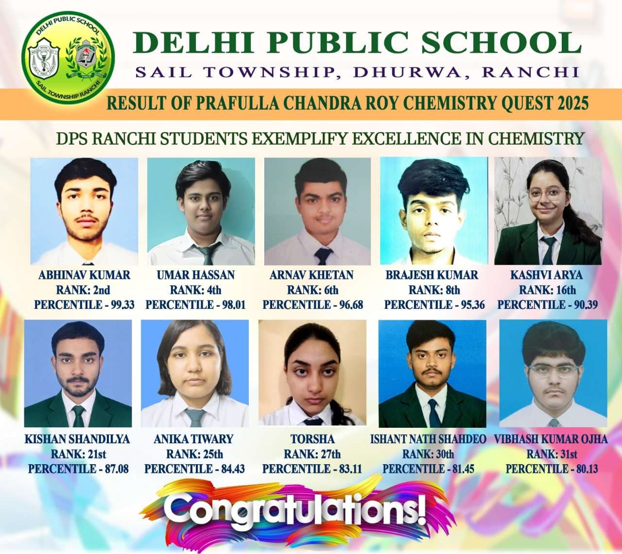 DPS Ranchi Students Excel in Prafulla Chandra Roy Chemistry Quest 2025