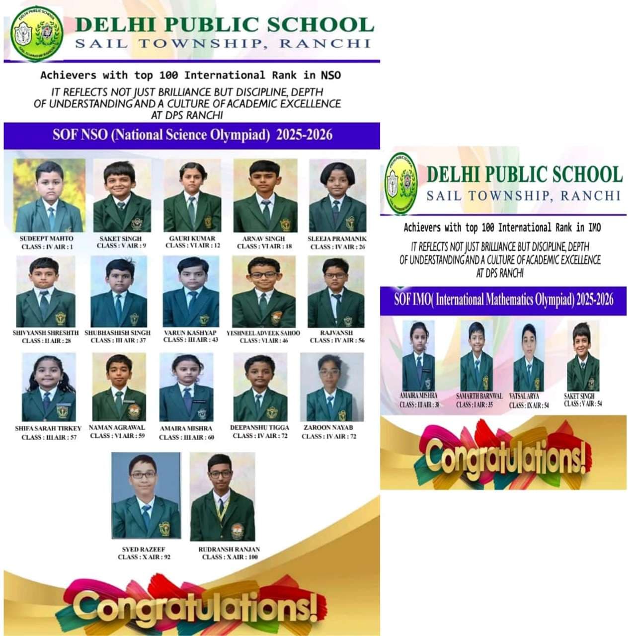 DPS Ranchi Students Excel in International Mathematics Olympiad and National Science Olympiad 2025–26