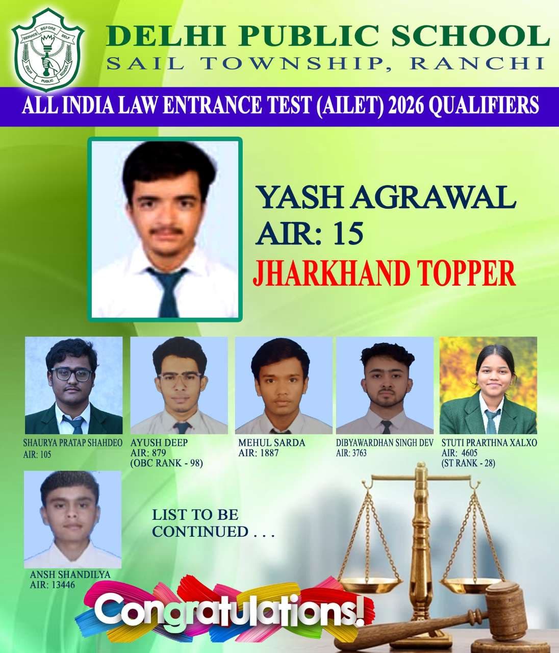 DPS Ranchi Students Excel in AILET 2026, Yash Agrawal Secures AIR 15