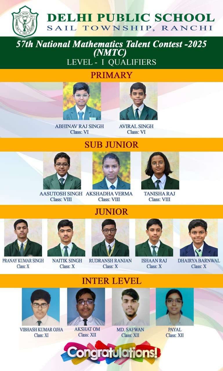 DPS Ranchi Students Qualify Level 01 of 57th National Mathematics Talent Contest