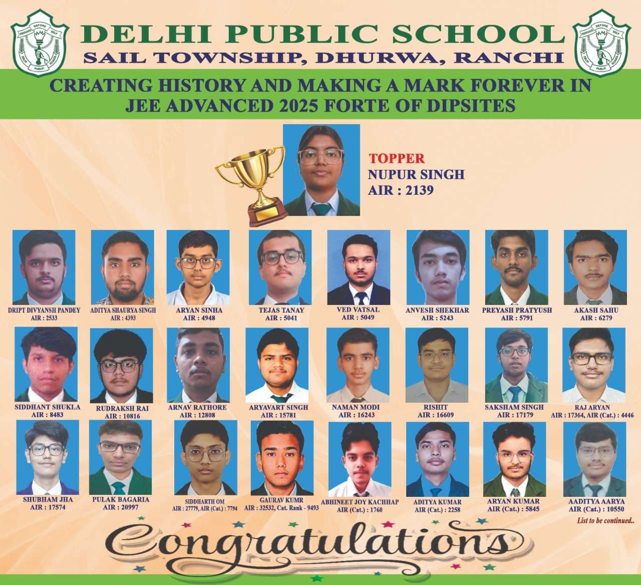 DPS Ranchi Students Shine in JEE Advanced 2025